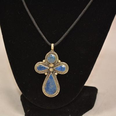 925 Sterling Lapis Cross on Lanyard 18" 13.7g