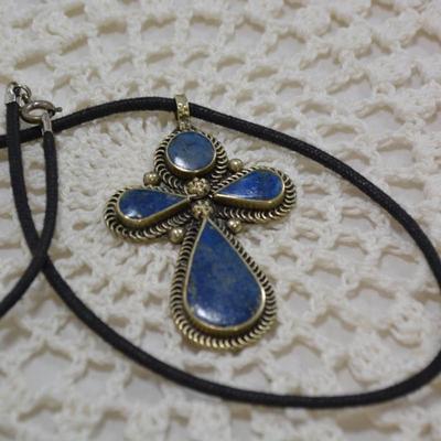 925 Sterling Lapis Cross on Lanyard 18" 13.7g