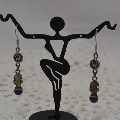 925 Sterling and Lapis Incan Figure Drop Earrings 4.0g