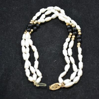 14K Cultured Pearl + Onyx Bracelet 14K Beads - Broken Clasp 8.9g