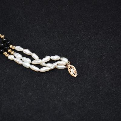 14K Cultured Pearl + Onyx Bracelet 14K Beads - Broken Clasp 8.9g