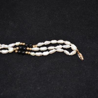 14K Cultured Pearl + Onyx Bracelet 14K Beads - Broken Clasp 8.9g