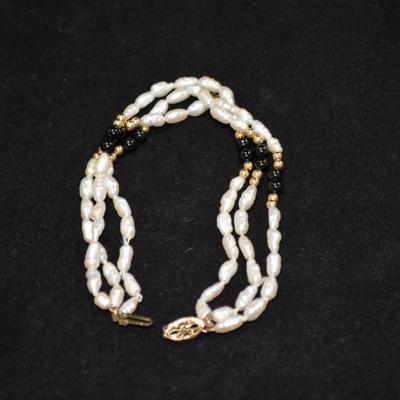 14K Cultured Pearl + Onyx Bracelet 14K Beads - Broken Clasp 8.9g