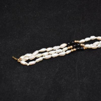 14K Cultured Pearl + Onyx Bracelet 14K Beads - Broken Clasp 8.9g
