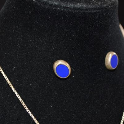 Matching 925 Sterling + Lapis Pendant & Earrings 16" Chain 8.1g