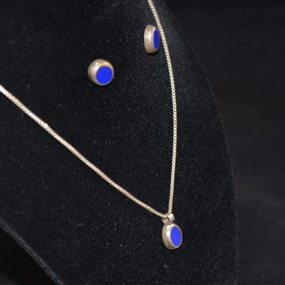 Matching 925 Sterling + Lapis Pendant & Earrings 16" Chain 8.1g