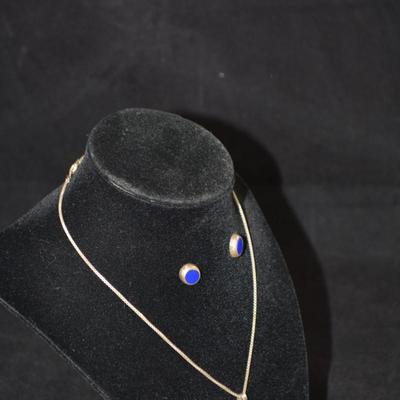 Matching 925 Sterling + Lapis Pendant & Earrings 16" Chain 8.1g