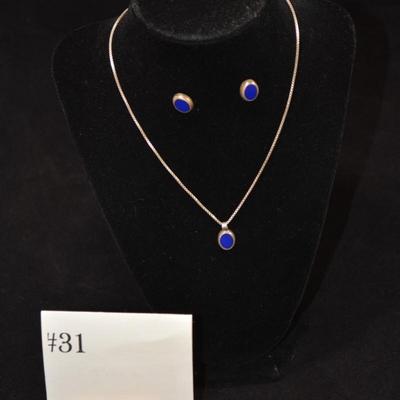 Matching 925 Sterling + Lapis Pendant & Earrings 16" Chain 8.1g