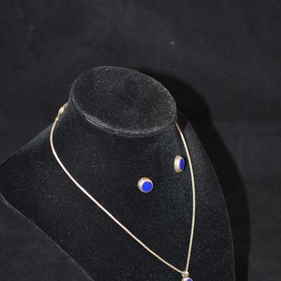 Matching 925 Sterling + Lapis Pendant & Earrings 16" Chain 8.1g