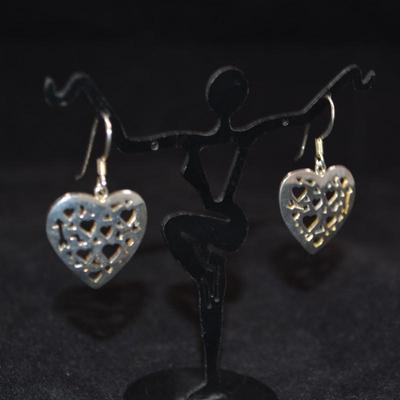 925 Sterling Heart Filigree Drop Earrings 4.3g