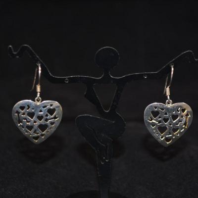 925 Sterling Heart Filigree Drop Earrings 4.3g