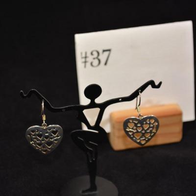 925 Sterling Heart Filigree Drop Earrings 4.3g