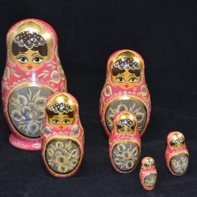 Set of 6 Brown Haired Russian Nesting Dolls 7.25