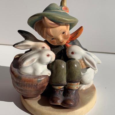 Early Goebel Hummel Figurine IS Zone Germany Stamp Boy w/ Rabbits