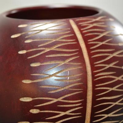 Hand Turned Wood Vase w/ Incised Design 12"