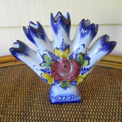 Vintage 5 Finger Ceramic Portugal Hand Painted Vase - A