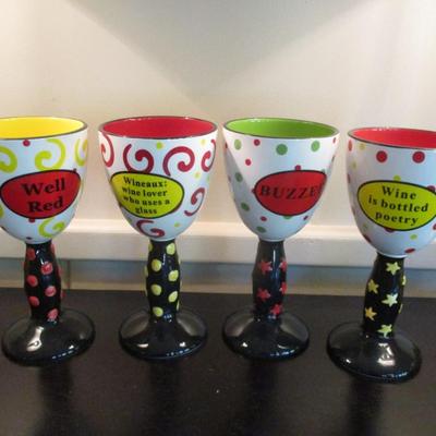 Set of Four Tumbleweed Pottery Footed Ceramic Wine Goblets - A