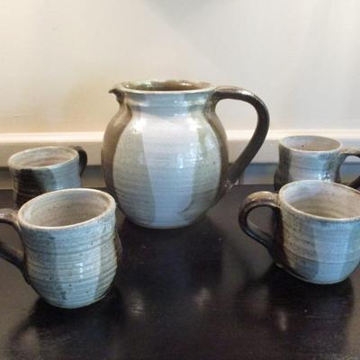 Five Piece Hand Thrown Pottery Jug & Mugs Signed - A