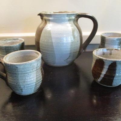 Five Piece Hand Thrown Pottery Jug & Mugs Signed - A