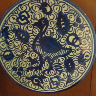 Pair of Blue and White Bird Pattern Spanish Ceramic Plates - B