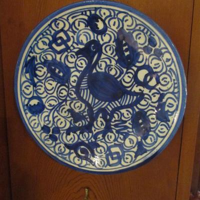 Pair of Blue and White Bird Pattern Spanish Ceramic Plates - B