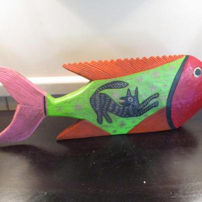 Carved Hand Painted Wooden Fish - B