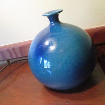 Studio Art Monochrome Green Bulbous Handmade Pottery Vase Signed - B