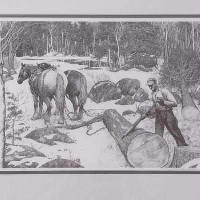 Framed Pen and Ink Art Horse Team Logger Print Numbered and Signed by Gene Matras