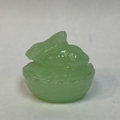 Vintage Opaque Green Jadeite Glass Miniature Rabbit Bunny in Basket Lidded Trinket Dish Salt Cellar
