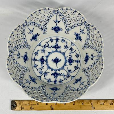Rare MC Royal Copenhagen Blue Fluted Full Lace Pierced Fruit Basket and Attached Plate