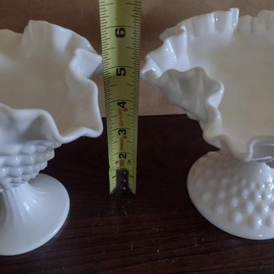 Pair of Vintage Hobnail Milk Glass Ruffled Edge Pedestal Compote Dishes