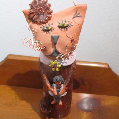 Handmade and Decorated Cat Pottery Figurine- Signed by Artist- C
