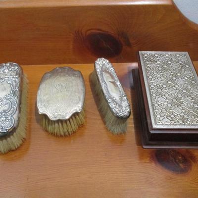 Vanity Top Accessories- 3 Brushes (Two are Sterling) and One Storage Box- D