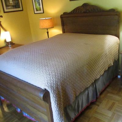 Queen Size Bed with Antique Carved Wood Head and Foot Boards- D