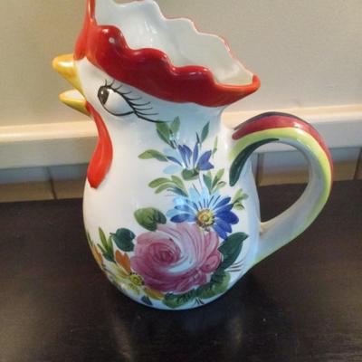 Hand Painted Ceramic Rooster Pitcher- Lord & Taylor- Approx 8 1/2