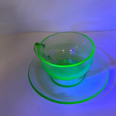 Uranium green glow  Glass set four tea coffee cups and saucers
