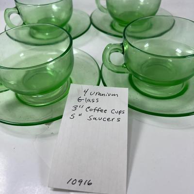 Uranium green glow  Glass set four tea coffee cups and saucers