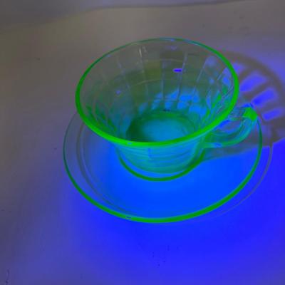 2 Optic design  Uranium green glow glass Tea Coffe Cups and Saucers