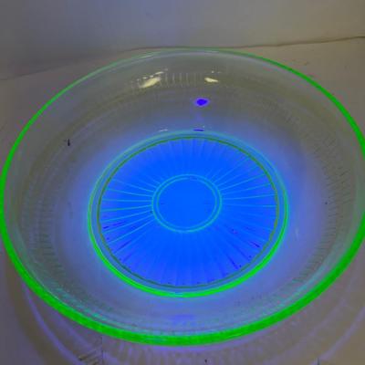 10" Optic ray Uranium Green Glow Glass fruit Bowl 1940s