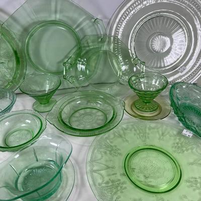 Large lot 17 pieces uranium Glow Glass, Plates, Bowls, Cake trays