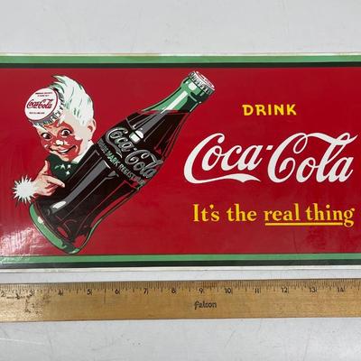 Vintage Coca-Cola Sign with Sprite Boy Holding Coke Bottle Painted Steel Rectangular Advertisement