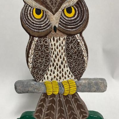 Handcrafted Wooden Painted Owl Bird Figure Statue Free-Standing