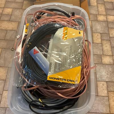 US1794 Large Tub of Like New and New Speaker Wire and Monster Cables for Audio Stereo Equipment