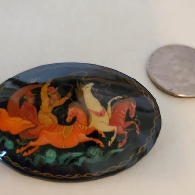 Russian Black Lacquer Troika Brooch