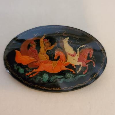 Russian Black Lacquer Troika Brooch