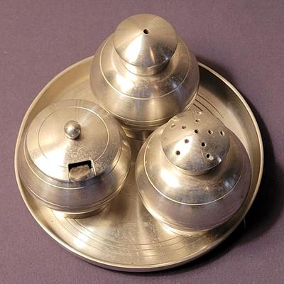 Mid Century Selanger Pewter Condiments Set - Salt, Pepper, & Mustard Pot with Original Spoon