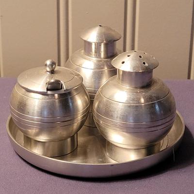 Mid Century Selanger Pewter Condiments Set - Salt, Pepper, & Mustard Pot with Original Spoon
