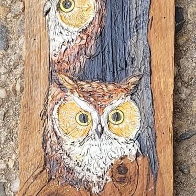 J. WEIR  Carved & Handpainted Wood Owl Art