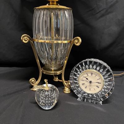 Glass & Brass Lamp Plus Glass Clock and a Paperweight (B2-RG)
