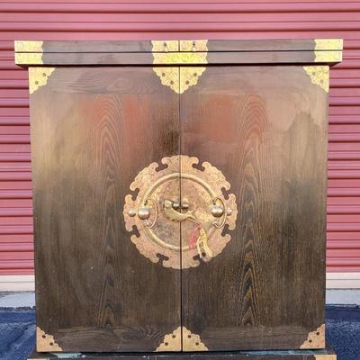 Antique/Vintage Korean Ornate Brass & Wood Liquor Cabinet and Bar with Korean Lock & Key